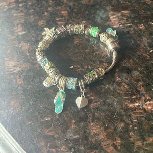 Pandora Silver and Green Charm Bracelet